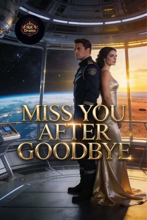 Cover of Miss You After Goodbye, a sad second chance romance, showing a man in a dark uniform and a woman in a gown before a spaceship window overlooking Earth