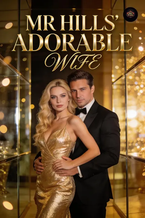 Cover of Mr Hills' Adorable Wife, a billionaire marriage romance, showing a blonde woman in a gold sequined gown beside a man in a tuxedo among gold lights