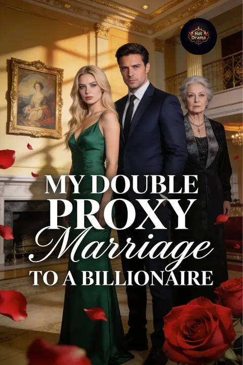 Cover of My Double Proxy Marriage to a Billionaire, a billionaire contract marriage romance, showing a blonde woman in green, a man in a suit and an older woman in a mansion with red roses
