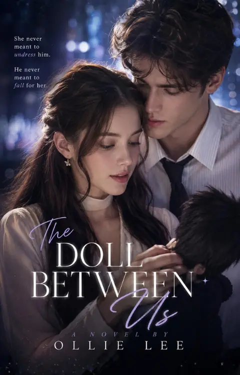 Cover of The Doll Between Us by Ollie Lee, showing a dark-haired man embracing a woman from behind in soft, shadowed light